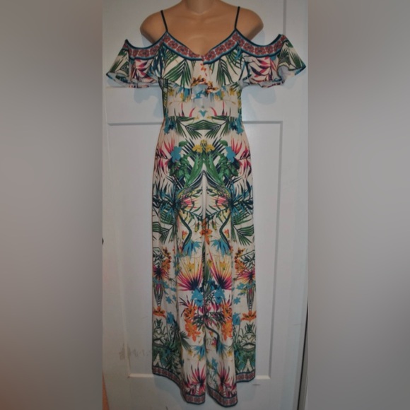 FLYING TOMATO BoHo Multi Ruffle Strappy Tropical Jumpsuit size S - Picture 2 of 6